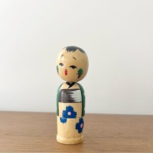 Vintage Japanese Kokeshi Bobblehead Wooden Boy Doll Mini 3” Tall Handpainted 70s